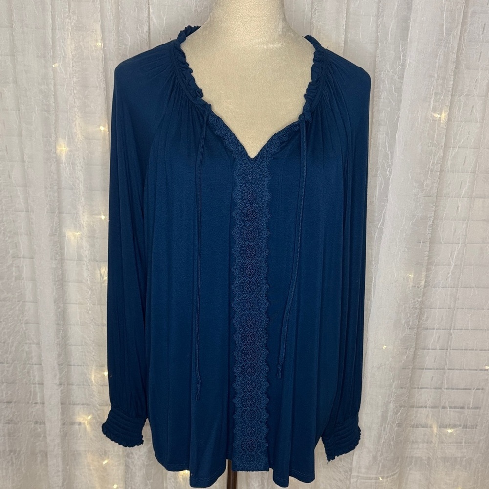 Cable & Gauge Deep Blue Blouse with Ruffle Trim